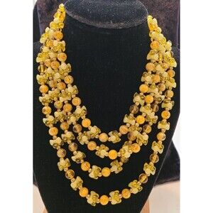 Vintage 1950s-60s Multi Strand Yellow Beaded Necklace Choker with gold spacers